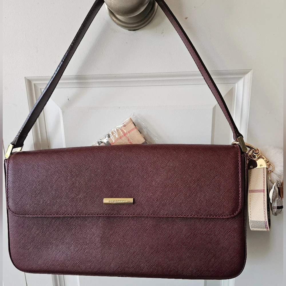 Burberry Burgundy Leather Shoulder Bag with Beige Plaid Accent - Picture 1 of 8